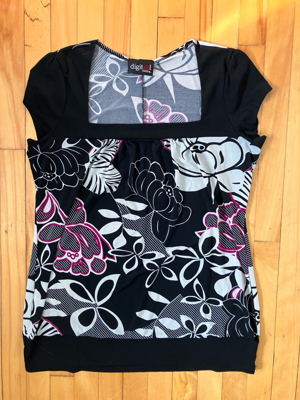 Black Floral Print Women’s Top with Pink and White Accents